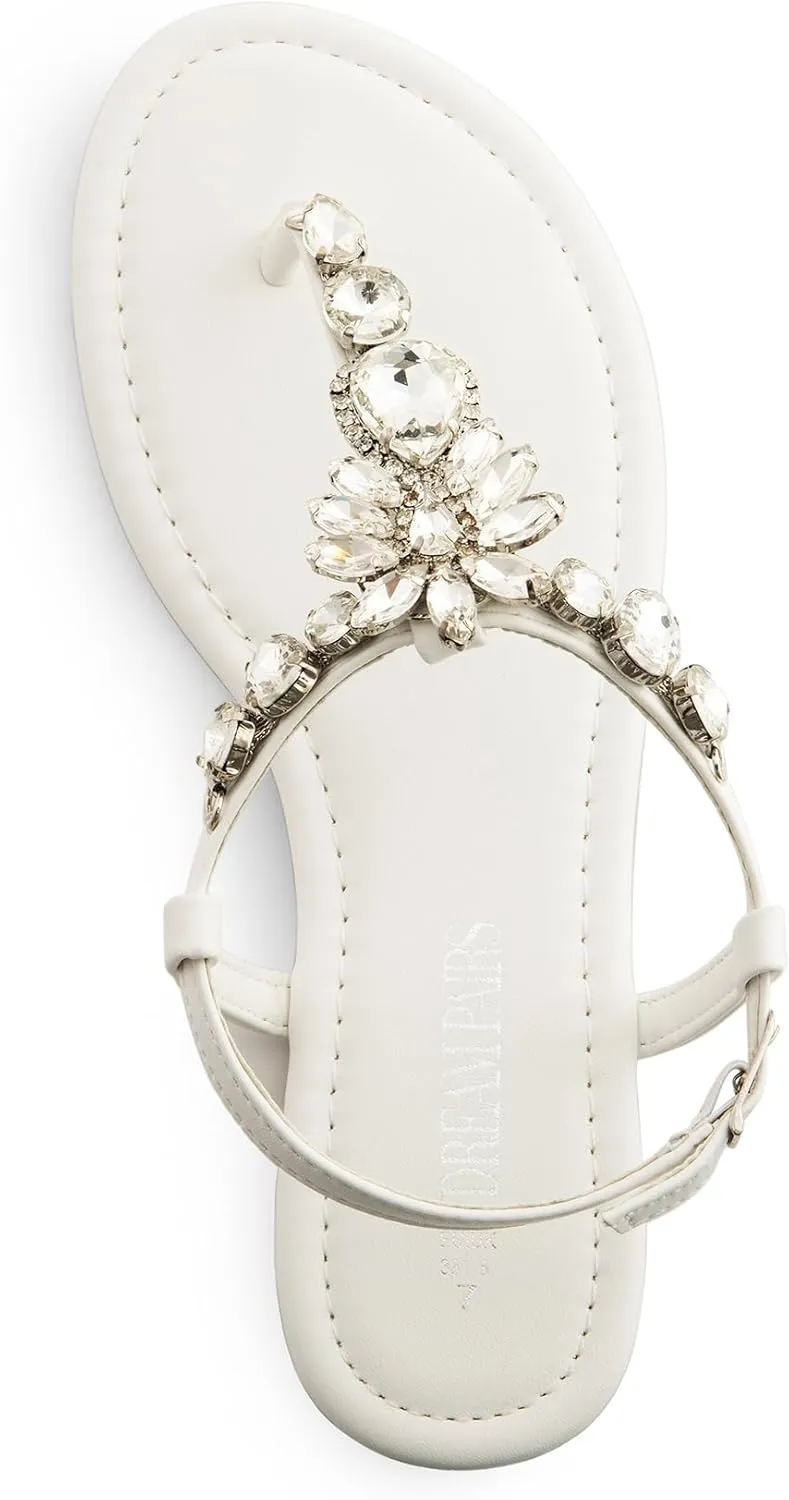 DREAM PAIRS Flat Sandals for Women Dressy Rhinestone T-Strap Thong Flat Sandals for Summers Dress Beach