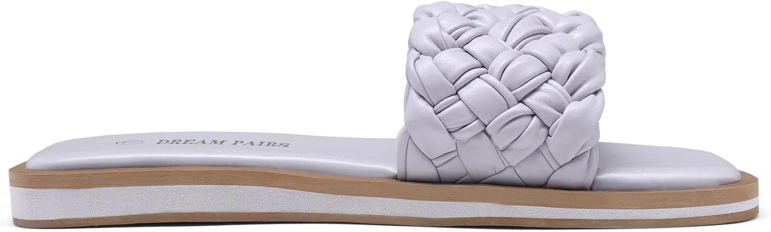 DREAM PAIRS Women's Square Open Toe Slide Sandals Cute Slip on Braided Strap Rhinestone Flat Sandals for Summer