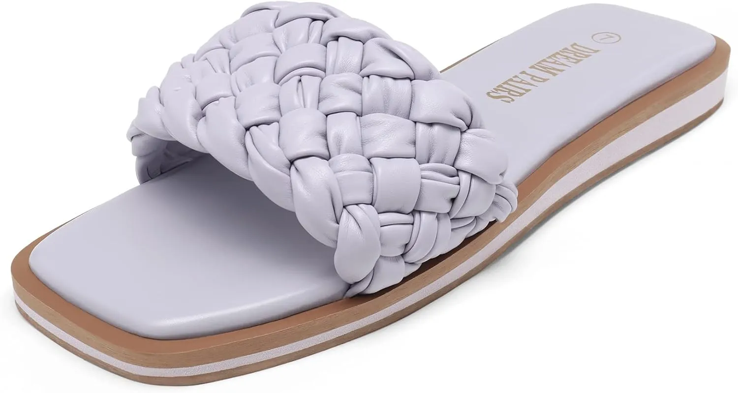 DREAM PAIRS Women's Square Open Toe Slide Sandals Cute Slip on Braided Strap Rhinestone Flat Sandals for Summer