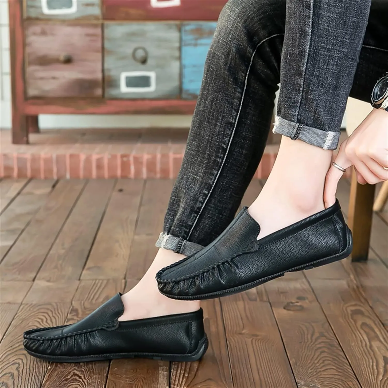 Driving Moccasins for Men Stitching Details Slip On Moccasins Shoes Vegan Leather Anti-Slip Resistant Flat Heel Driving Slip On for Any Attire