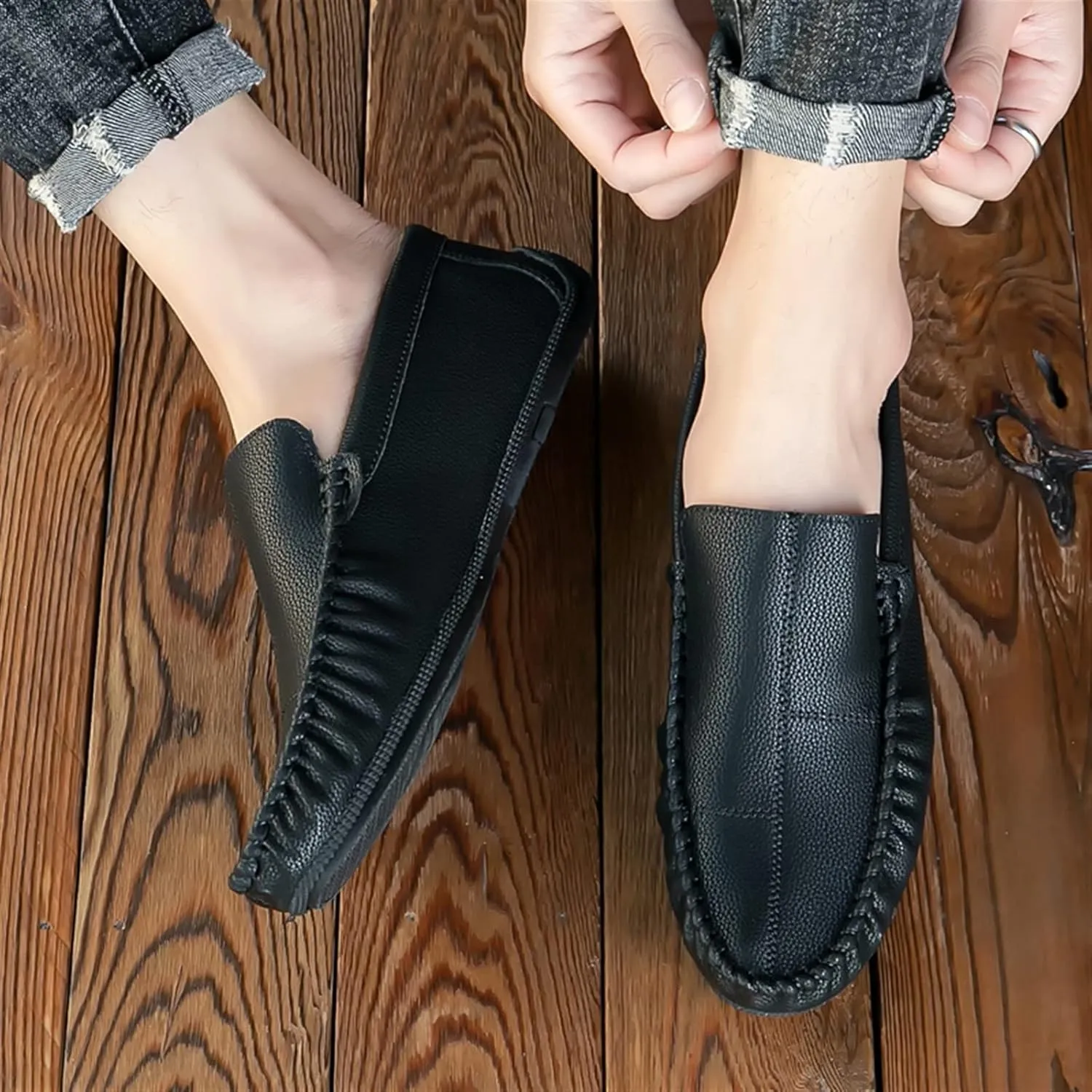 Driving Moccasins for Men Stitching Details Slip On Moccasins Shoes Vegan Leather Anti-Slip Resistant Flat Heel Driving Slip On for Any Attire