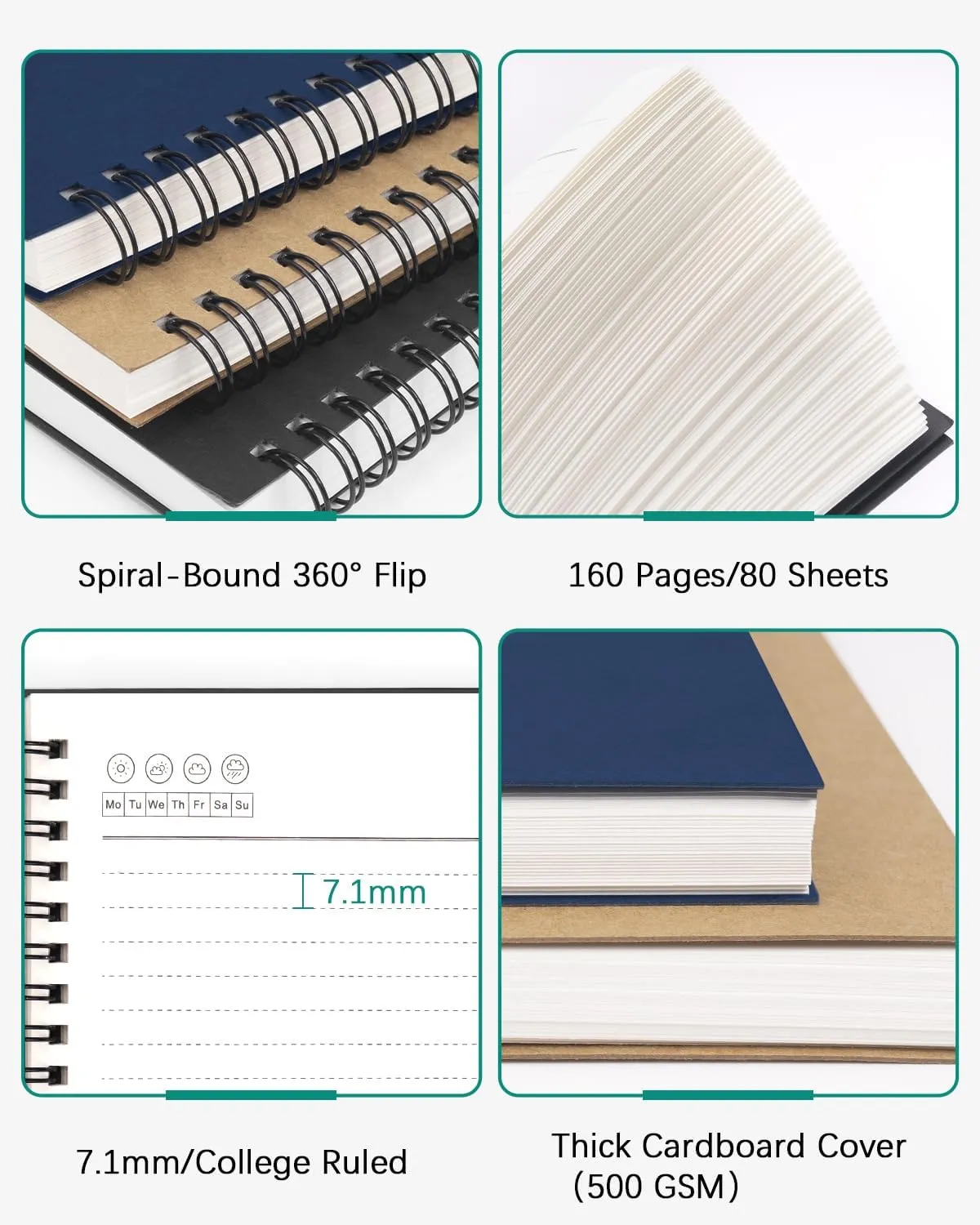 Dynta Large Spiral Notebooks 8.5 "x 11" Lined 3Pcs College Ruled Journal for School, Office,Study and Notes, Good for Students and Office, 160 Pages/80 Sheets with 100 GSM Lined Paper(Black)
