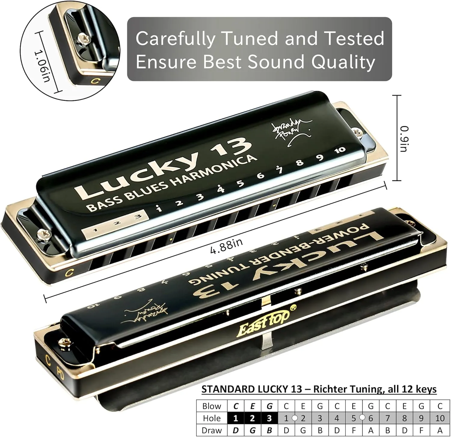 East top Lucky 13 Bass Plus Blues Harmonica 13 Holes Diatonic Harp Mouth Organ Professional Richter harmonica C key for Adults