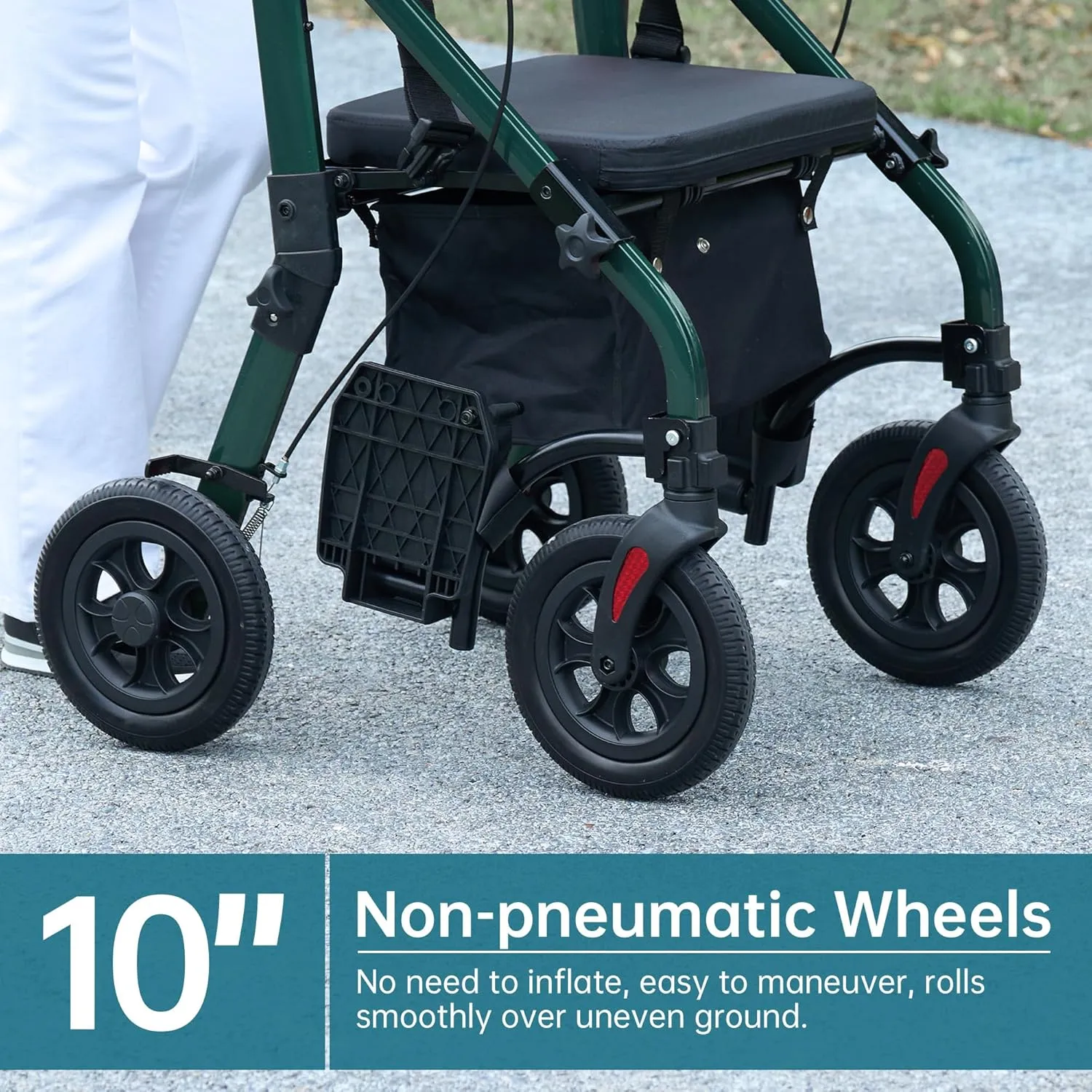 ELENKER All Terrain Rollator Walker Transport Wheelchair Combo, 2 in 1 Rolling Walker with Padded Seat and Wide Backrest, Green