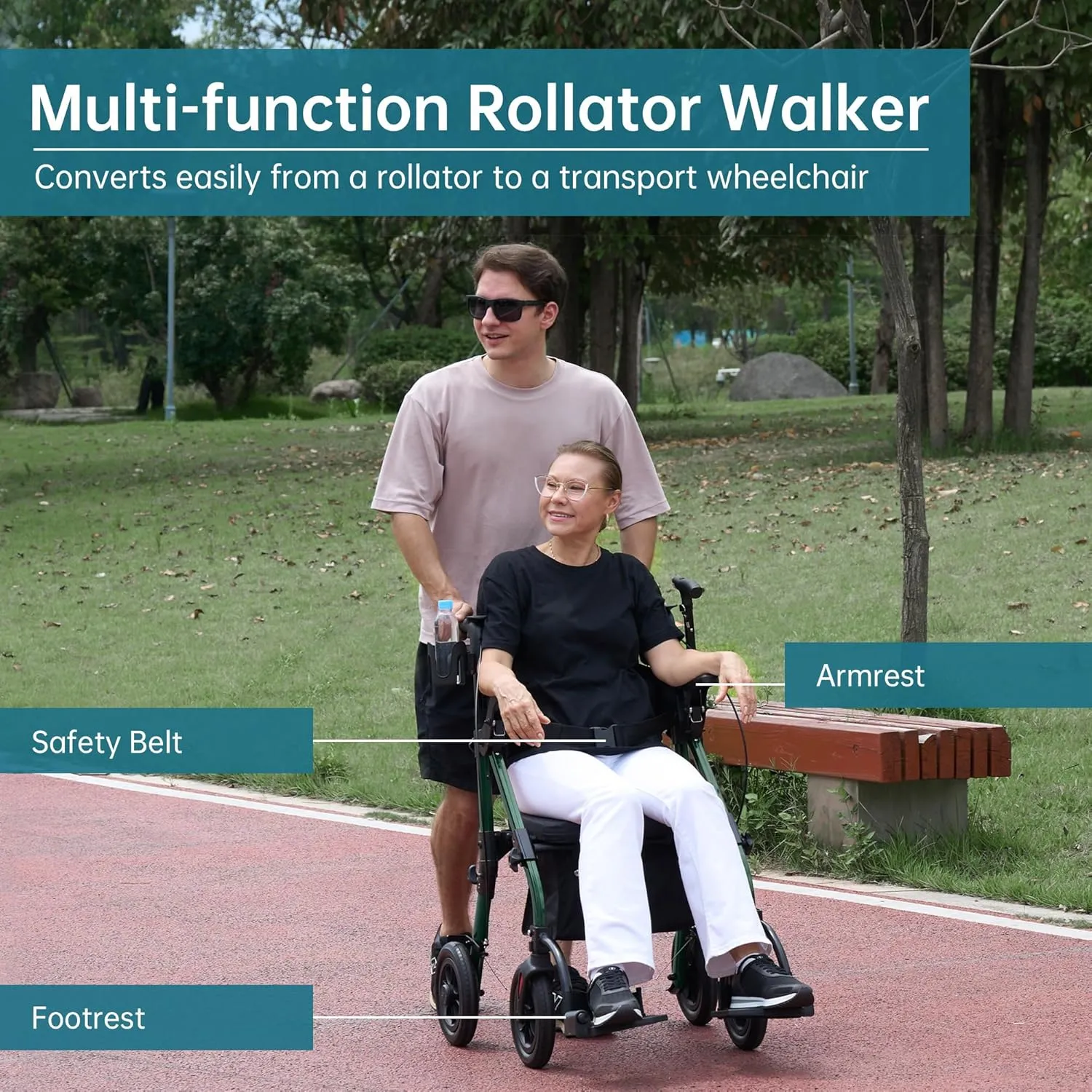 ELENKER All Terrain Rollator Walker Transport Wheelchair Combo, 2 in 1 Rolling Walker with Padded Seat and Wide Backrest, Green