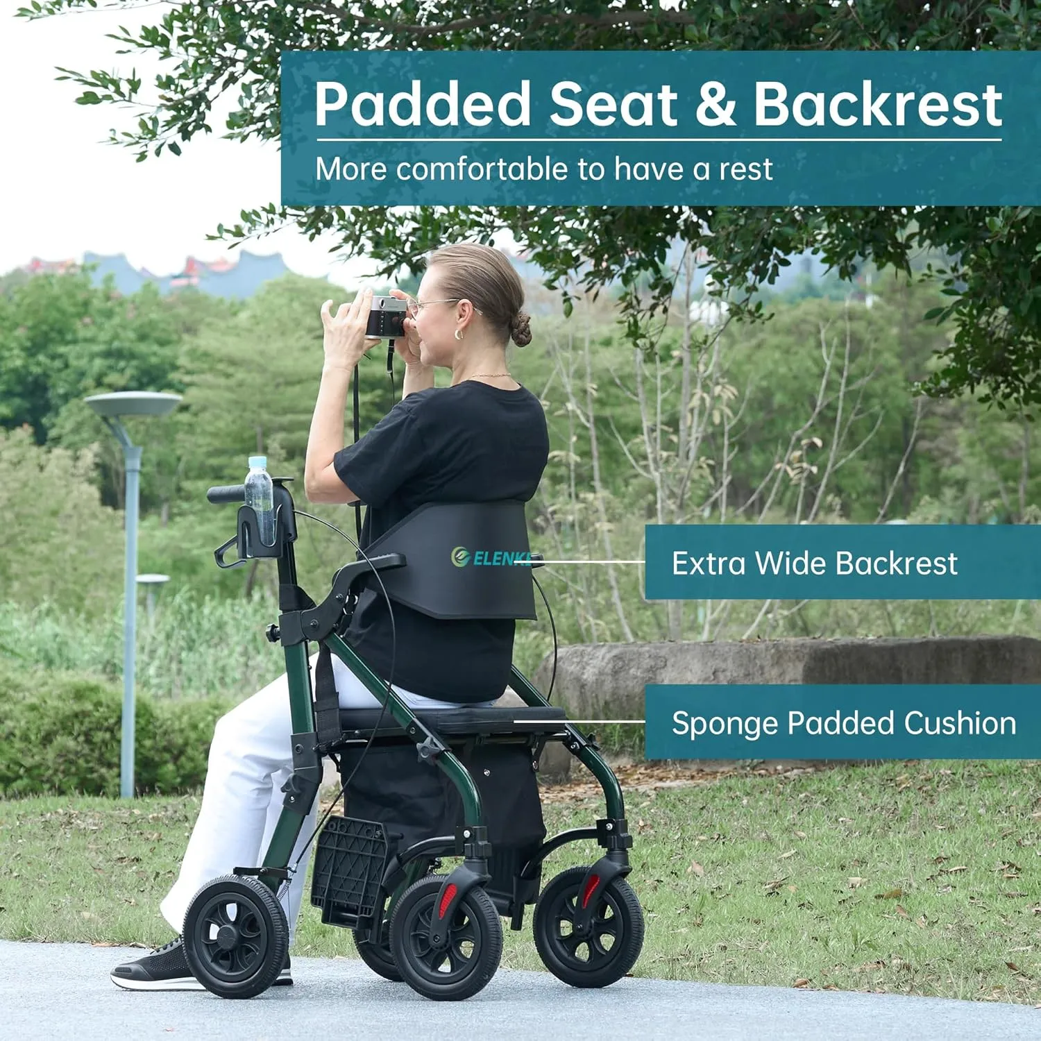 ELENKER All Terrain Rollator Walker Transport Wheelchair Combo, 2 in 1 Rolling Walker with Padded Seat and Wide Backrest, Green