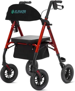 ELENKER All-Terrain Rollator Walker with 10” Non-Pneumatic Wheels, Sponge Padded Seat and Backrest, Fully Adjustment Frame for Seniors, Red