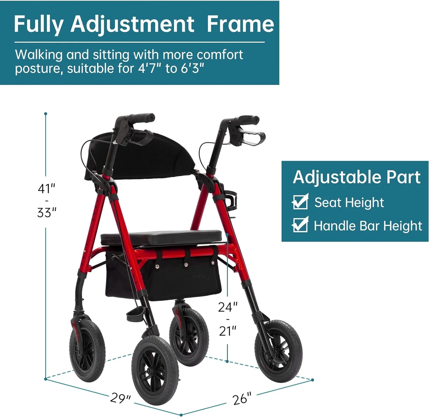 ELENKER All-Terrain Rollator Walker with 10” Non-Pneumatic Wheels, Sponge Padded Seat and Backrest, Fully Adjustment Frame for Seniors, Red