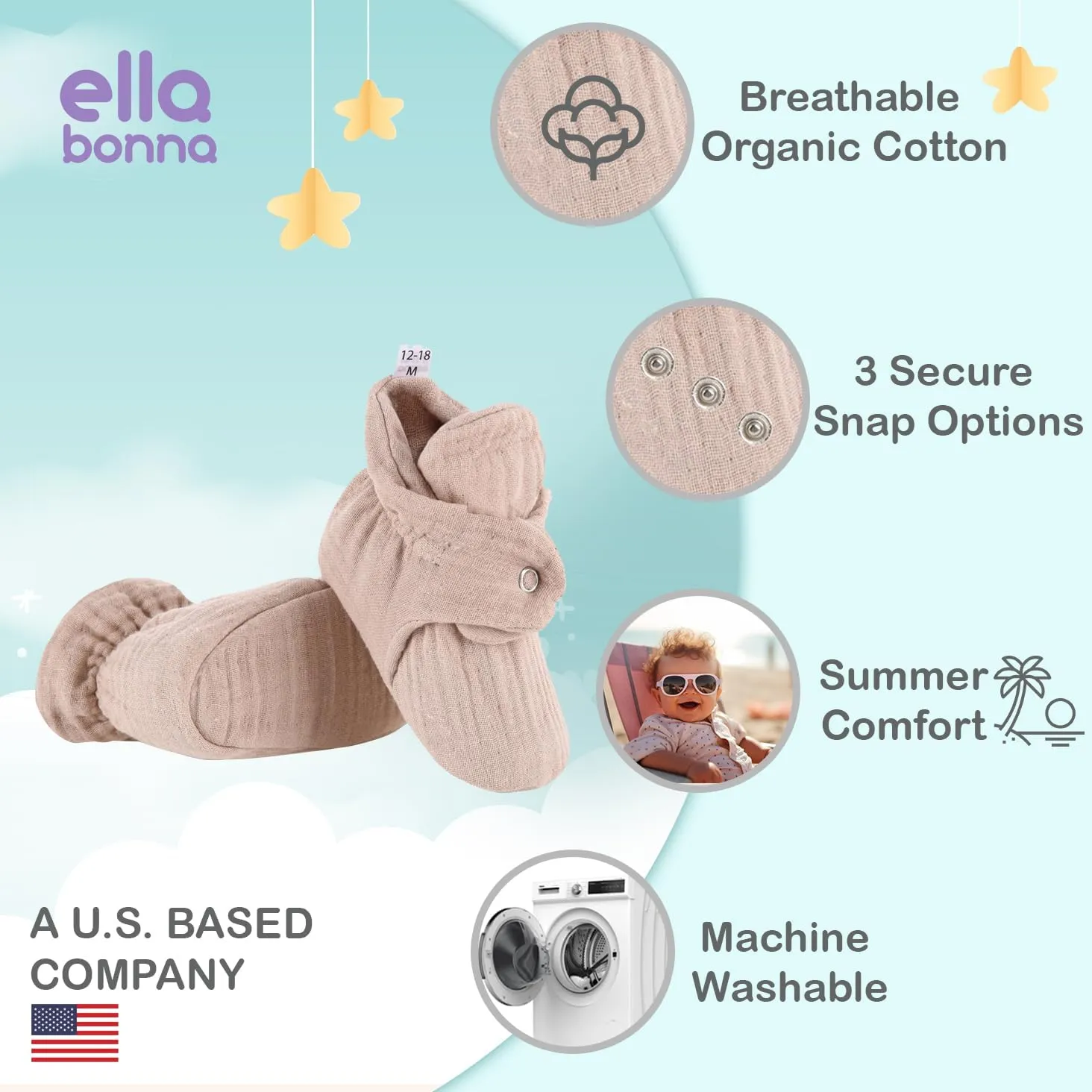 Ella Bonna Baby Booties Organic Cotton Muslin Newborn Baby Slippers Baby Boy Booties, Infant Girl Booties, 6-12 months, 0-6 Months, 12-18 Months, 0-3 Months, 18-24 Months, Toddler Shoes