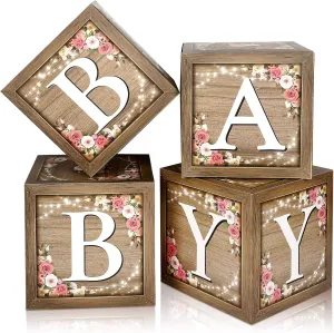 Epakh Baby Boxes with Letters for Baby Shower, Rustic Floral Brown Blocks Bear Box Birthday Party Gender Reveal Photo Props for Girl Boy