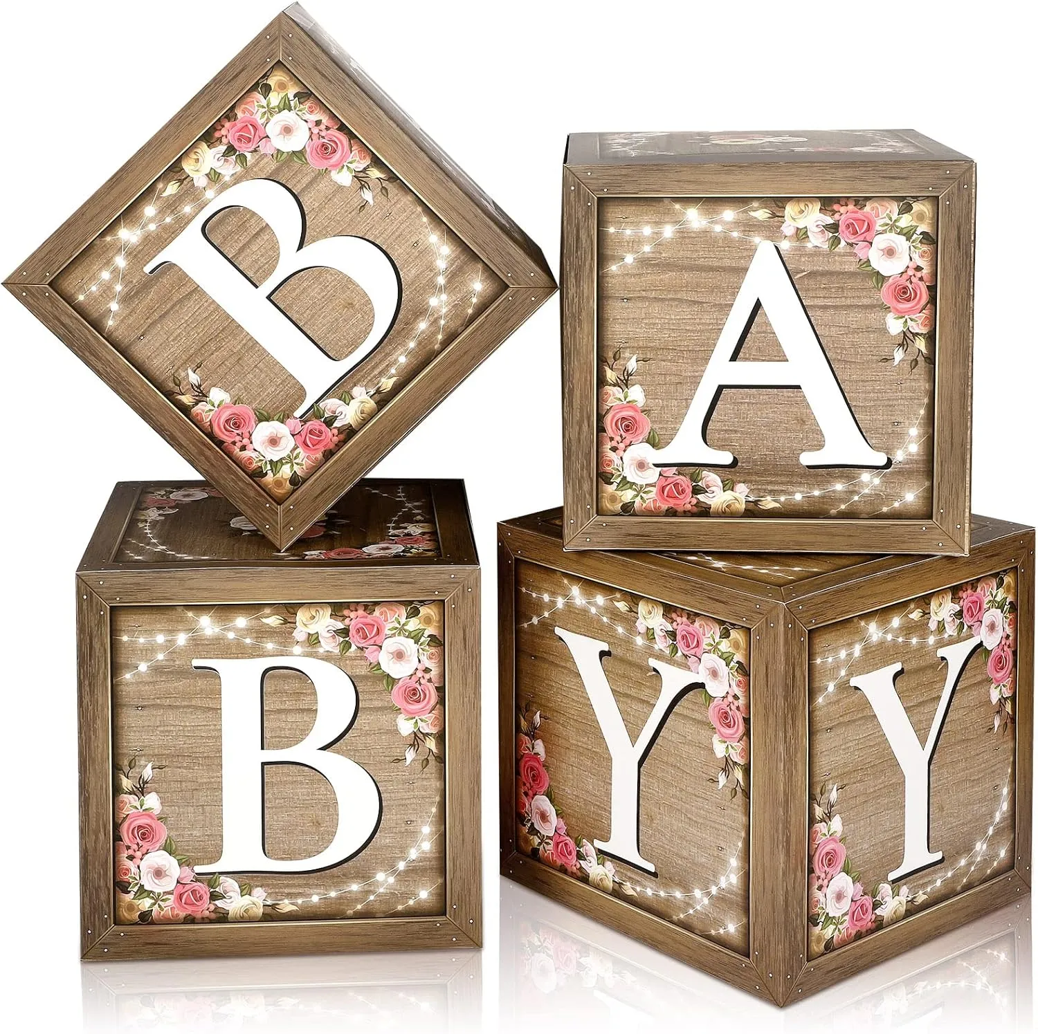 Epakh Baby Boxes with Letters for Baby Shower, Rustic Floral Brown Blocks Bear Box Birthday Party Gender Reveal Photo Props for Girl Boy
