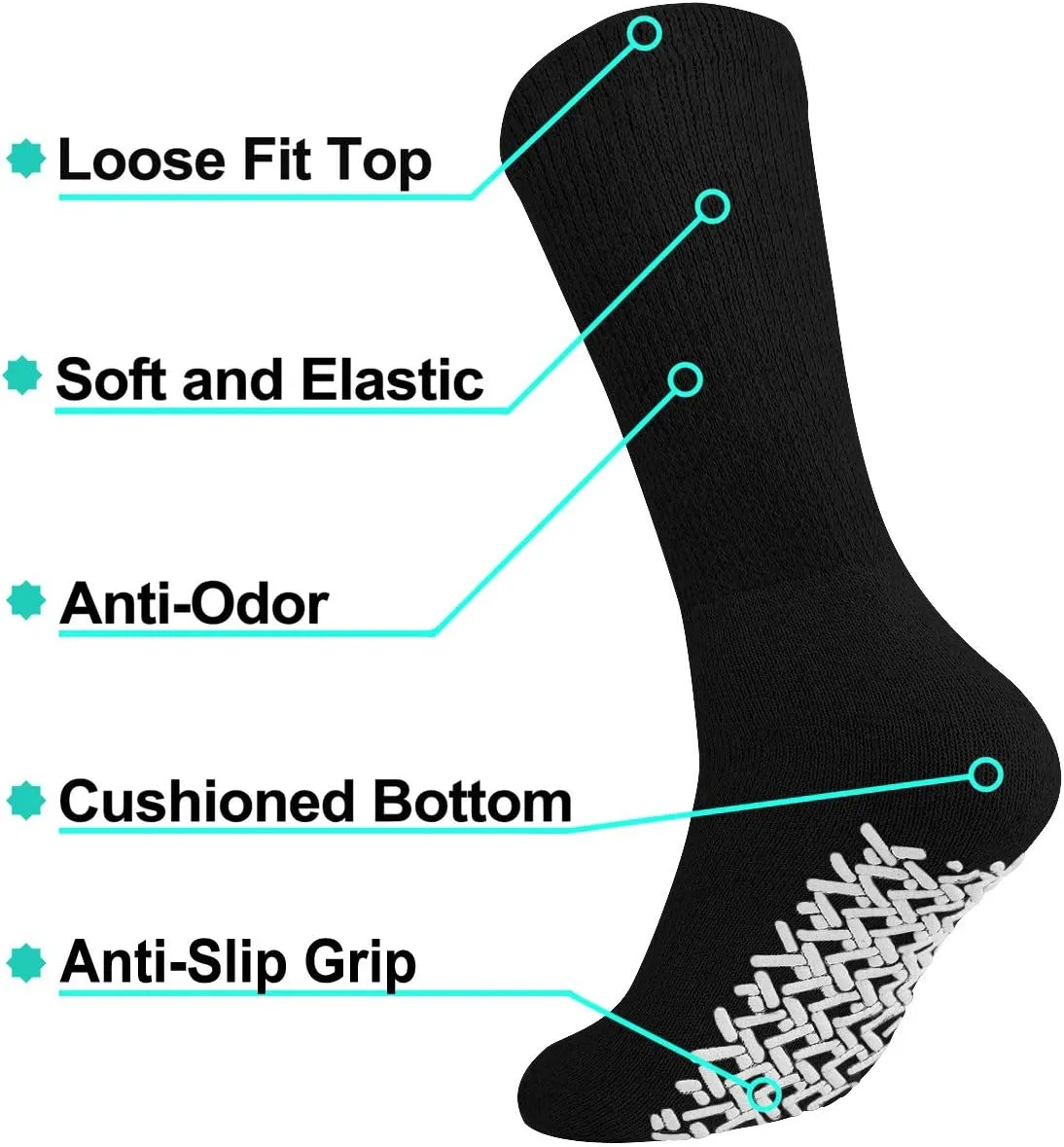Falari Men Women Anti Slip Grip Non Skid Crew Cotton Diabetic Socks For Home Hospital 3, 6 or 12-pack
