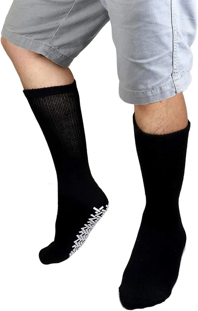 Falari Men Women Anti Slip Grip Non Skid Crew Cotton Diabetic Socks For Home Hospital 3, 6 or 12-pack