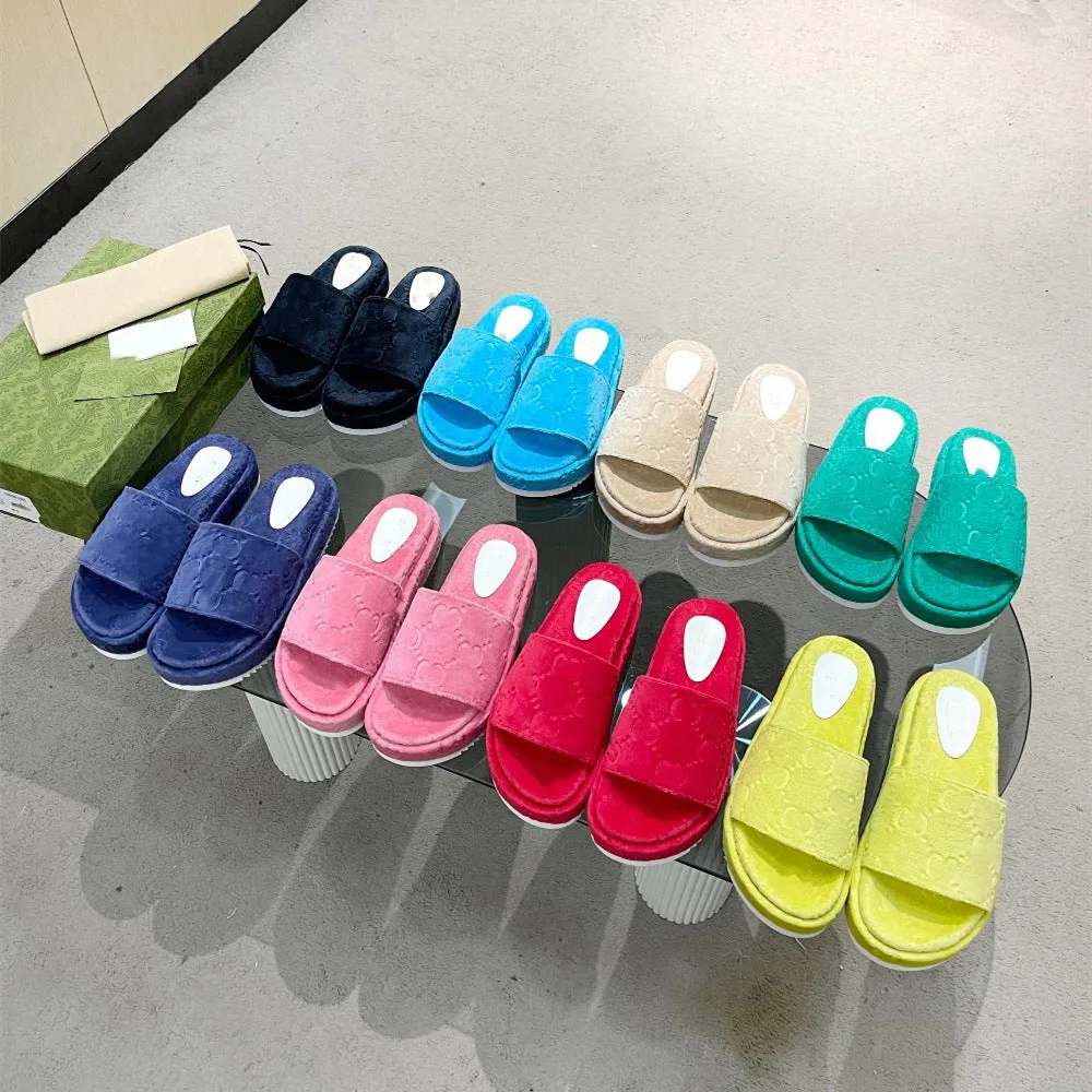 Fashion Designer Brand Thick Bottom Cotton Candy Solid Color Outdoor Slippers