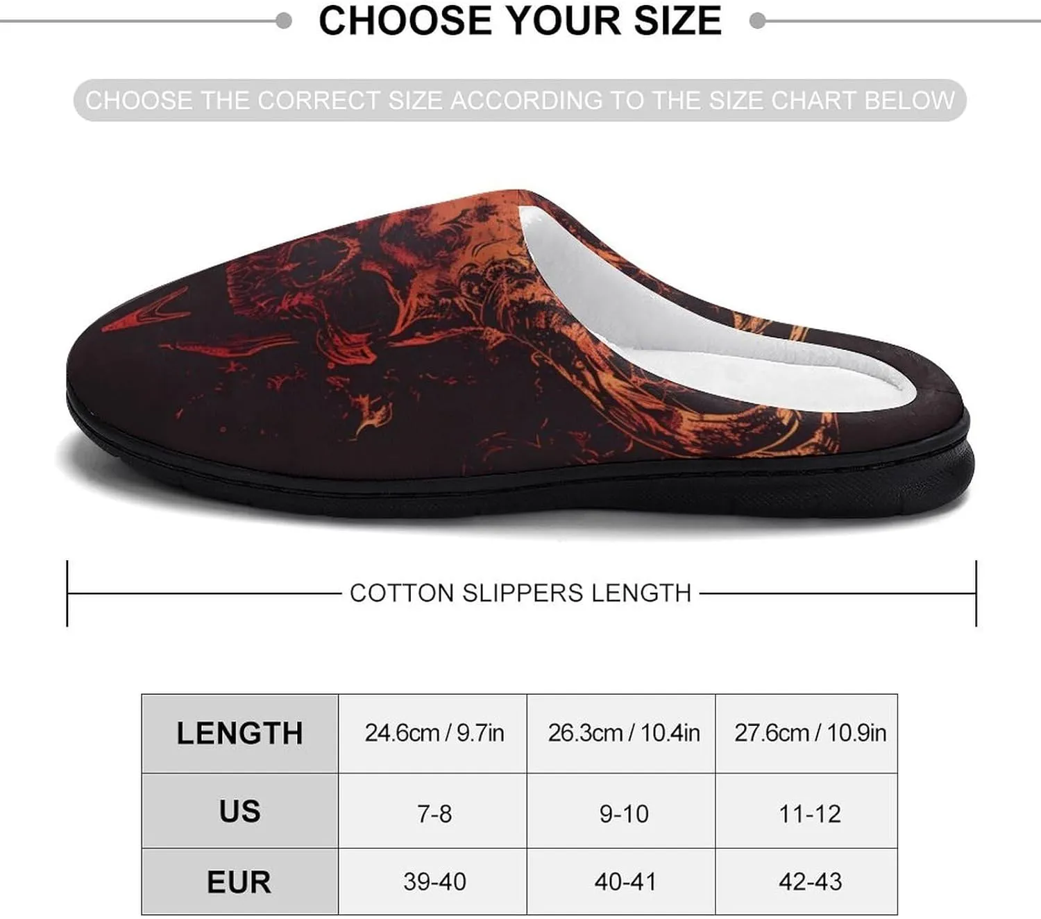 Flame Heavy Metal Skull Women's Cotton Slippers Warm Gifts Washable Indoor Slip On Shoes with Anti-Skid Rubber Sole