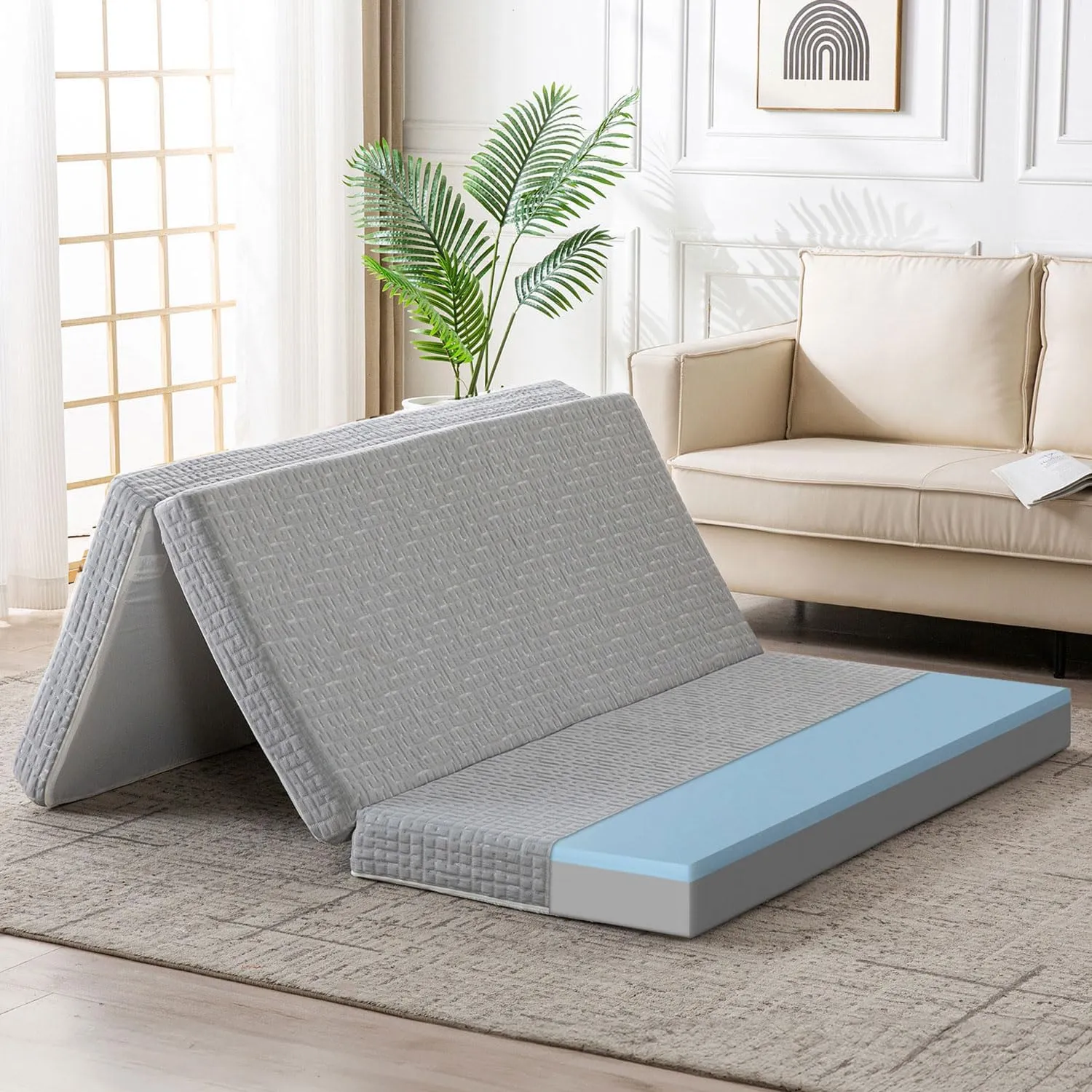 Foldable Mattress, 3 Inch Memory Foam Guest Floor Mat, Tri Folding Portable Mattress for Living Room/Camping, Washable Cover, Non-Slip Design, Twin Size Grey