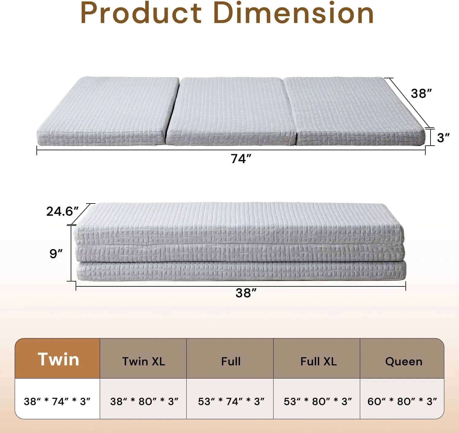 Foldable Mattress, 3 Inch Memory Foam Guest Floor Mat, Tri Folding Portable Mattress for Living Room/Camping, Washable Cover, Non-Slip Design, Twin Size Grey