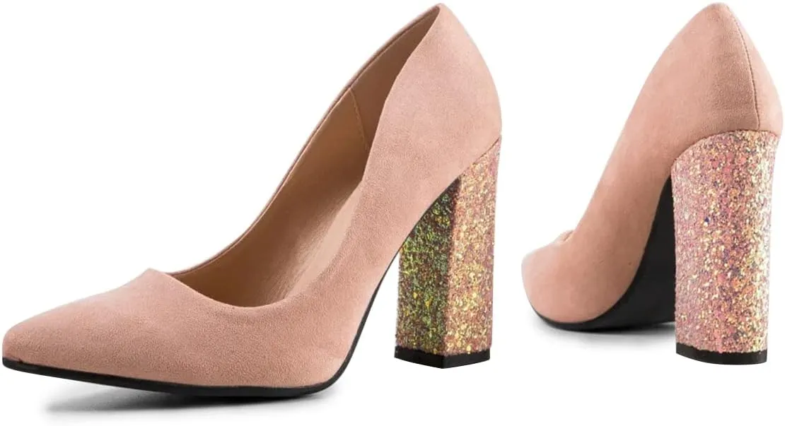 FSJ Women Sparkling Glitter Chunky High Heel Suede Pumps Closed Pointed Toe Slip On Block Heel Ladies Classic Basic Office Outfit Shoes Size 4-15 US