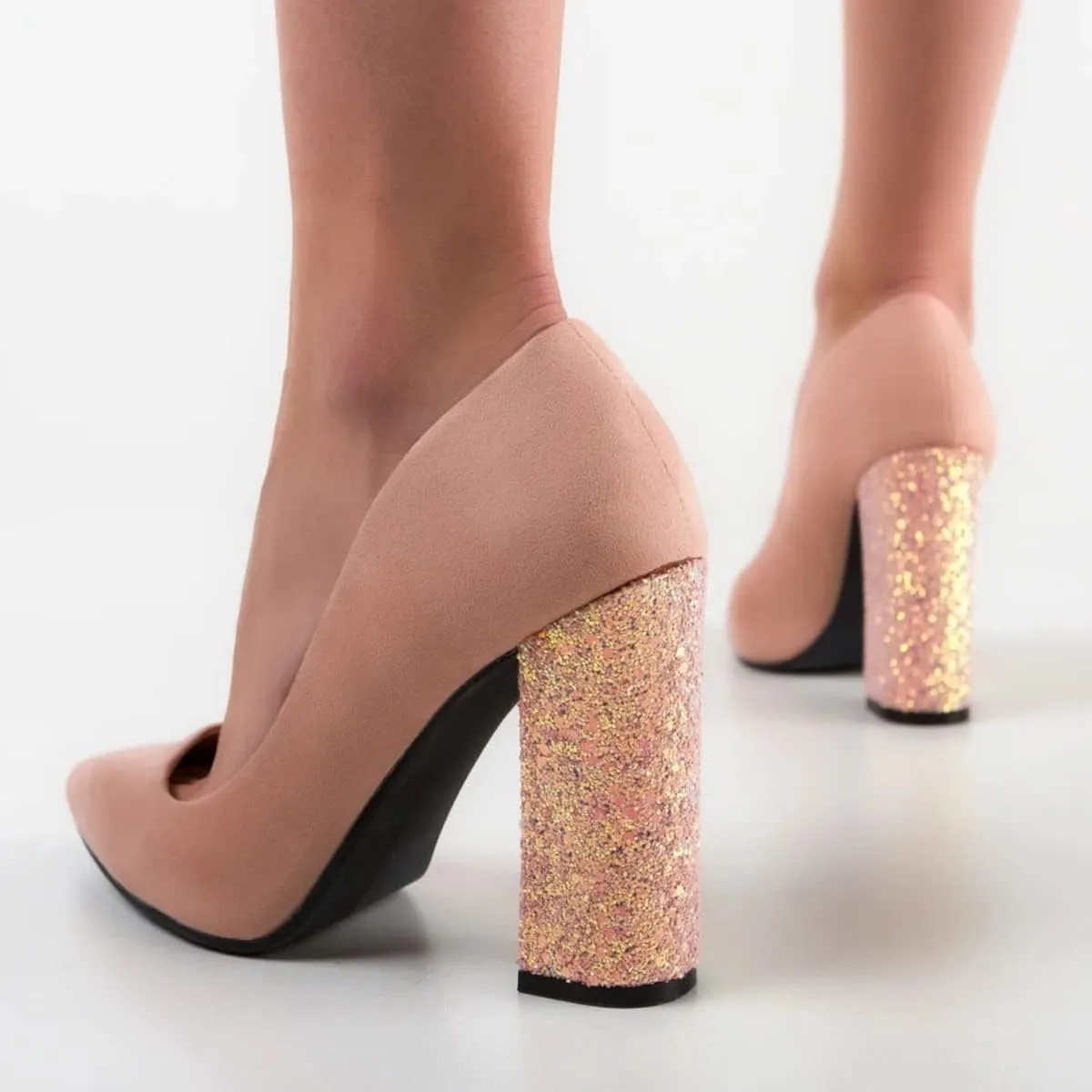 FSJ Women Sparkling Glitter Chunky High Heel Suede Pumps Closed Pointed Toe Slip On Block Heel Ladies Classic Basic Office Outfit Shoes Size 4-15 US