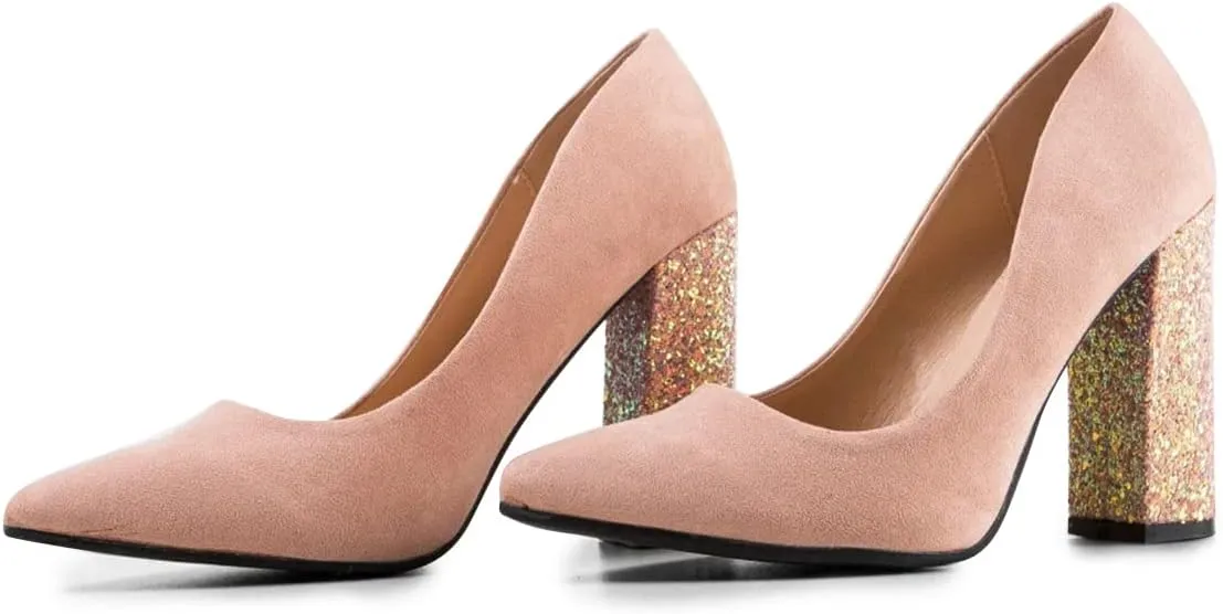 FSJ Women Sparkling Glitter Chunky High Heel Suede Pumps Closed Pointed Toe Slip On Block Heel Ladies Classic Basic Office Outfit Shoes Size 4-15 US