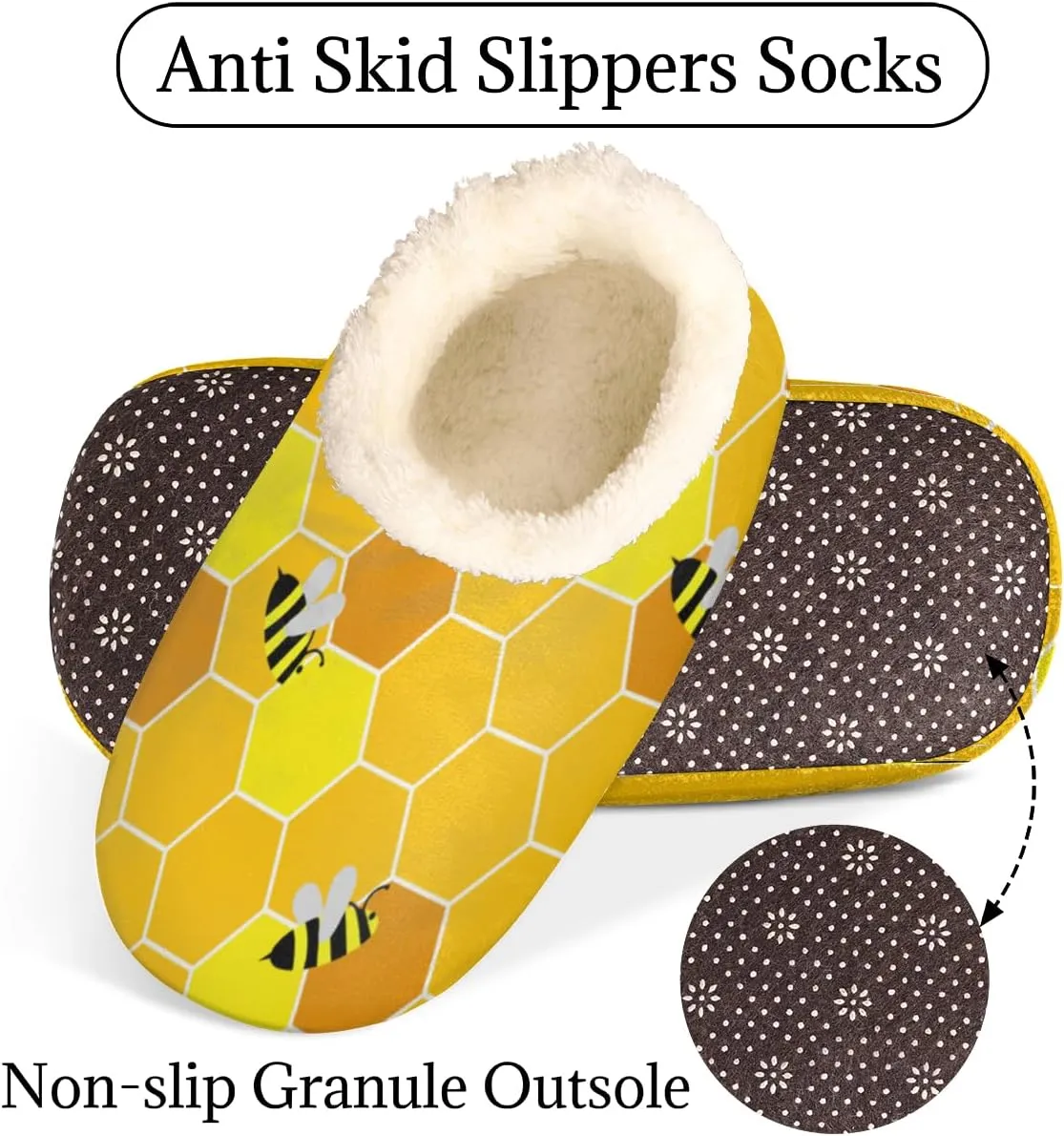 Funny Bees Honey Women's Slippers, Yellow Bumblebee Soft Cozy Plush Lined House Slipper Shoes Indoor Non-Slip Slippers for Women Girls Teenager
