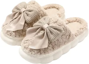 Fuzzy Bow Tie Slippers for Women Closed Back Fluffy House Shoes Winter Indoor Outdoor Slippers