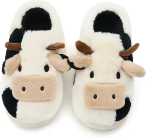 Fuzzy Cow Slippers for Women Men Adults, Fluffy Plush and Cozy Cotton House Slippers for Indoor Outdoor Bedroom, Warm Furry Cow Print Slipper for Winter Spring Fall
