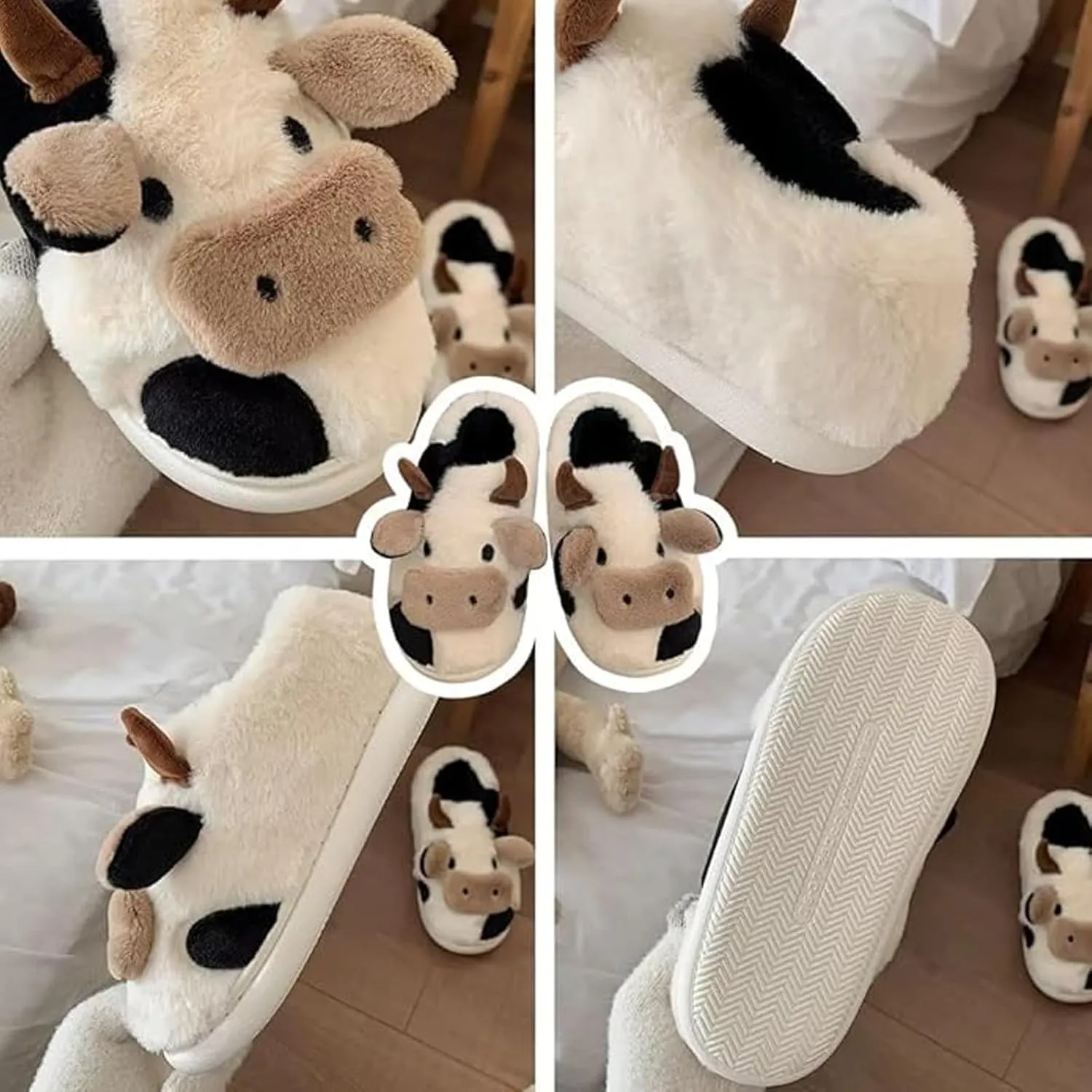 Fuzzy Cow Slippers for Women Men Adults, Fluffy Plush and Cozy Cotton House Slippers for Indoor Outdoor Bedroom, Warm Furry Cow Print Slipper for Winter Spring Fall