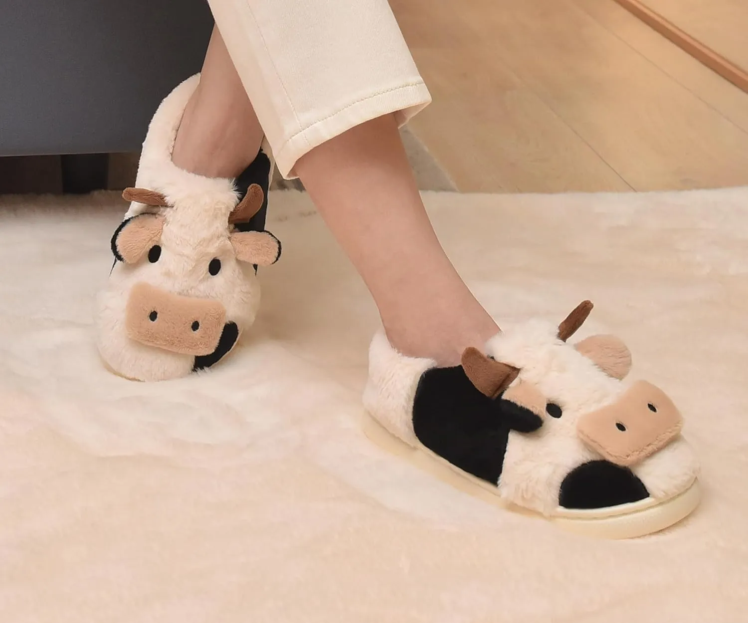 Fuzzy Cow Slippers for Women Men Adults, Fluffy Plush and Cozy Cotton House Slippers for Indoor Outdoor Bedroom, Warm Furry Cow Print Slipper for Winter Spring Fall