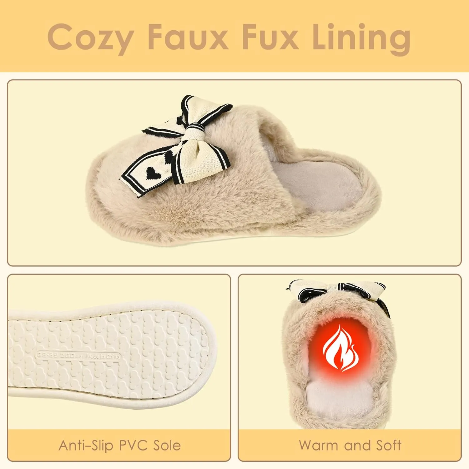 Fuzzy Knitted Bow Slippers for Women, Winter Bedroom Warm Fur Lined Slippers with Anti-Skid Sole, Cozy House Home Slip-On Shoes