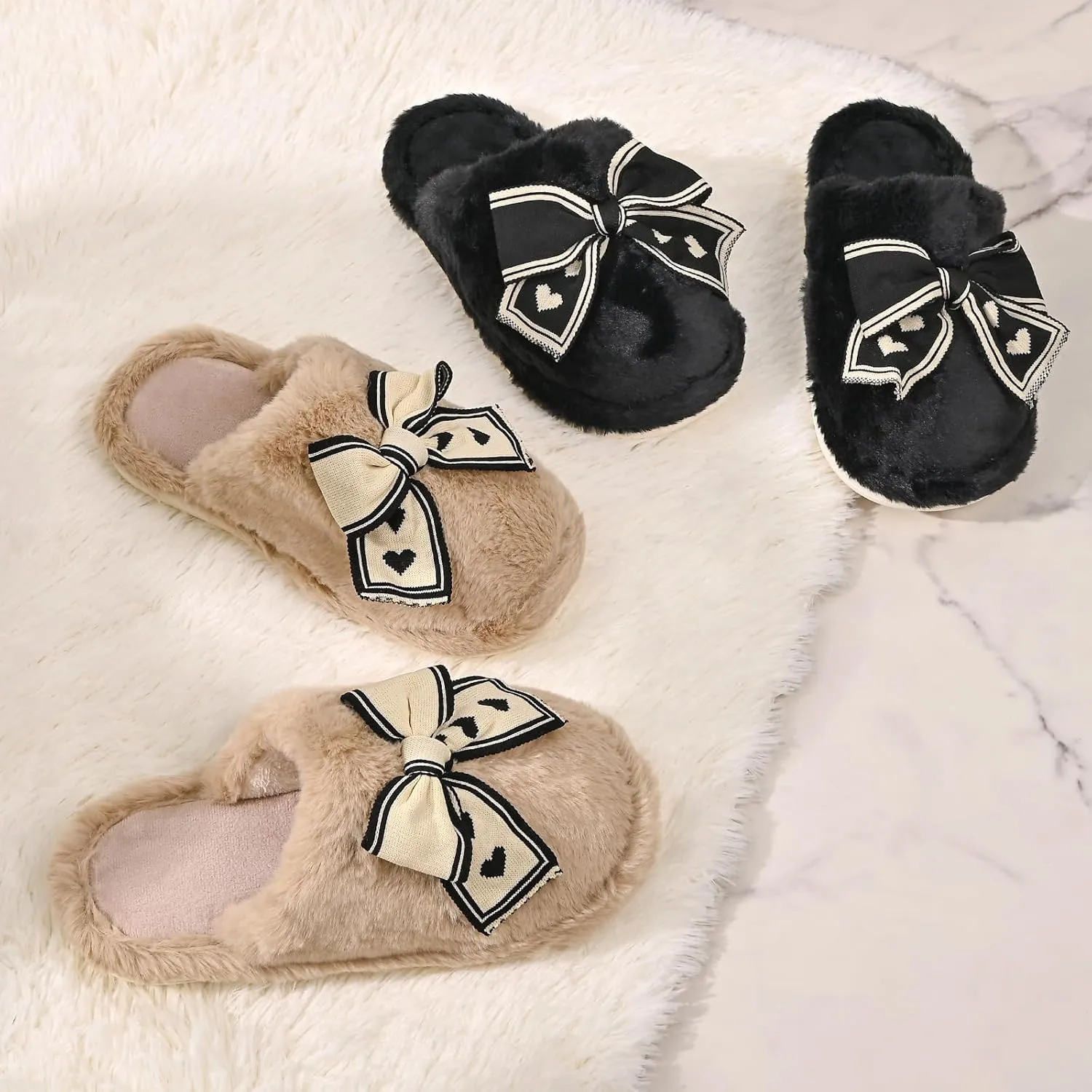Fuzzy Knitted Bow Slippers for Women, Winter Bedroom Warm Fur Lined Slippers with Anti-Skid Sole, Cozy House Home Slip-On Shoes