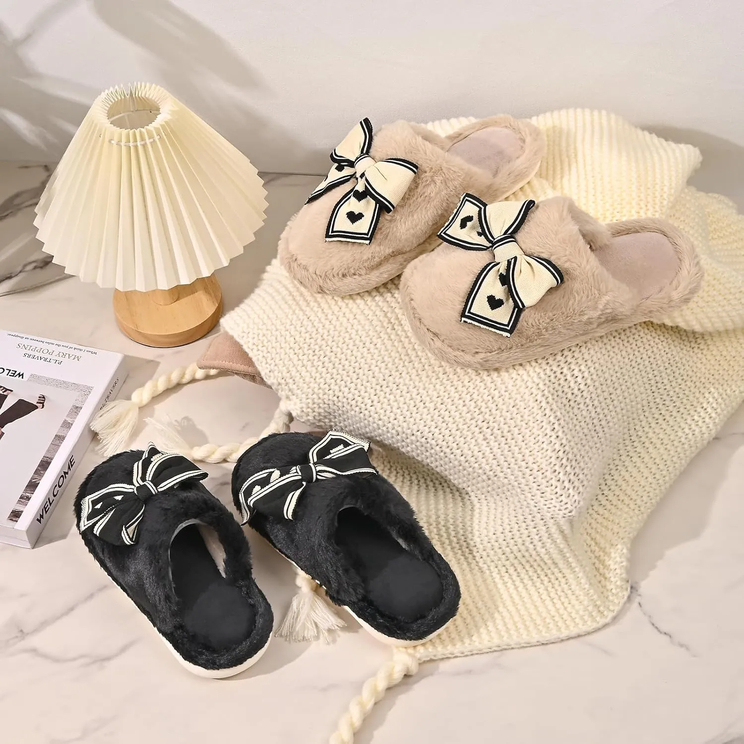 Fuzzy Knitted Bow Slippers for Women, Winter Bedroom Warm Fur Lined Slippers with Anti-Skid Sole, Cozy House Home Slip-On Shoes