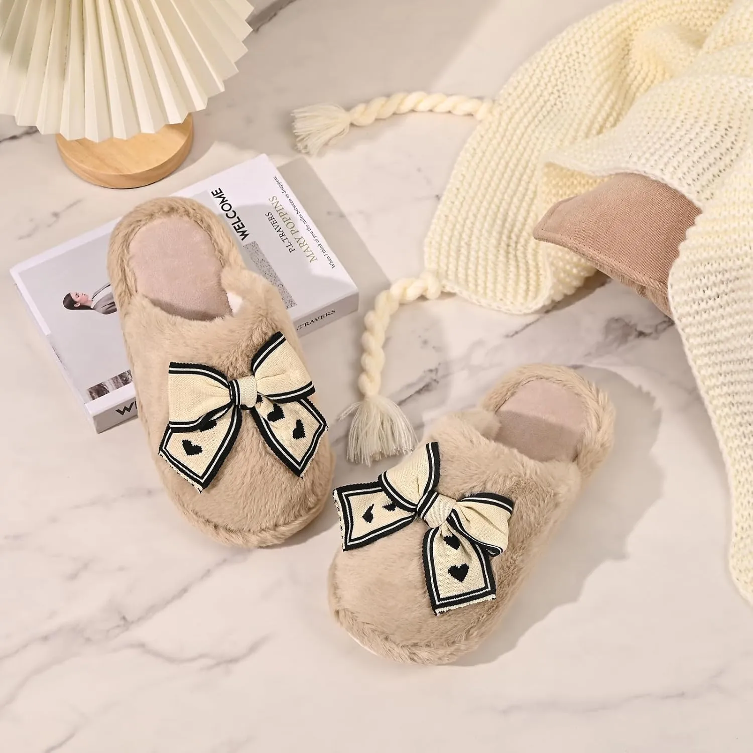 Fuzzy Knitted Bow Slippers for Women, Winter Bedroom Warm Fur Lined Slippers with Anti-Skid Sole, Cozy House Home Slip-On Shoes