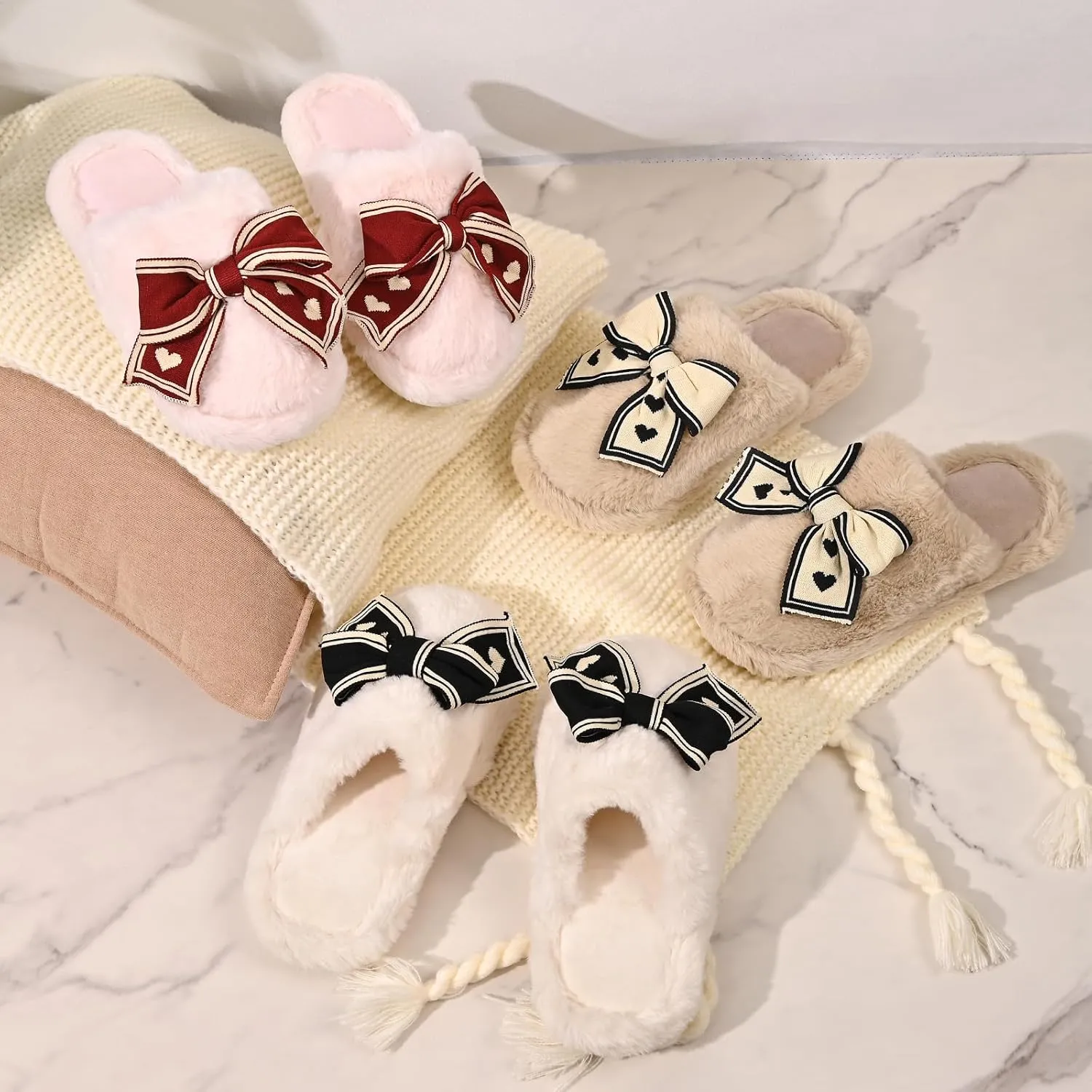 Fuzzy Knitted Bow Slippers for Women, Winter Bedroom Warm Fur Lined Slippers with Anti-Skid Sole, Cozy House Home Slip-On Shoes