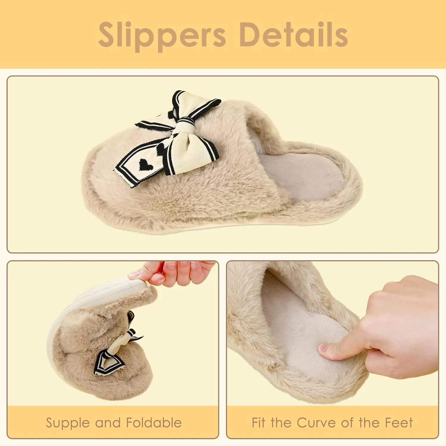 Fuzzy Knitted Bow Slippers for Women, Winter Bedroom Warm Fur Lined Slippers with Anti-Skid Sole, Cozy House Home Slip-On Shoes
