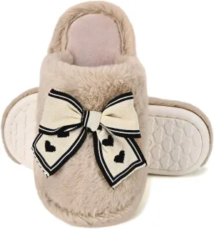 Fuzzy Knitted Bow Slippers for Women, Winter Bedroom Warm Fur Lined Slippers with Anti-Skid Sole, Cozy House Home Slip-On Shoes