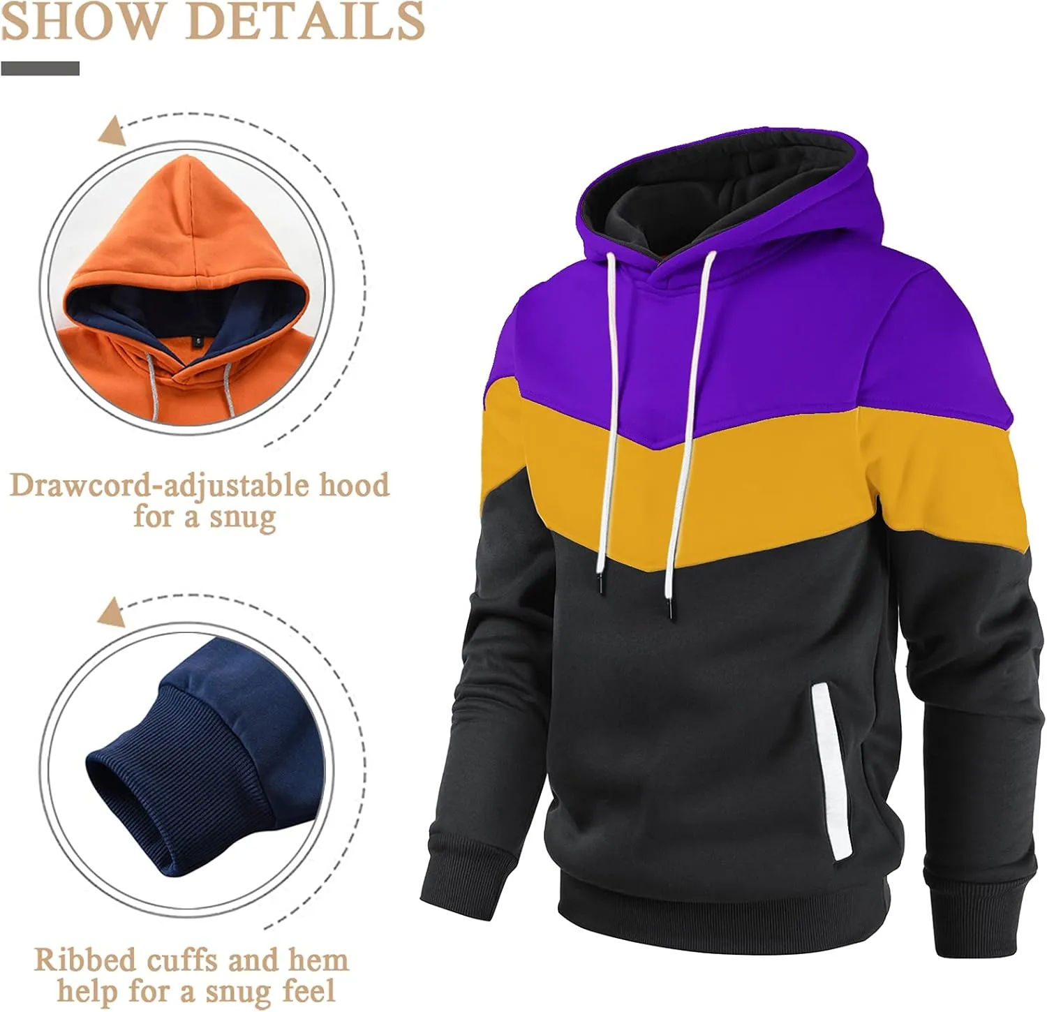 Gesean Men's Novelty Color Block Pullover Fleece Hoodie Long Sleeve Casual Sweatshirt with Pocket