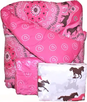 Girls 8 Piece Full Size (76"x86") Pink Brown Pony Horse Bandana Equestrian Bedding Comforter Set & Sheets (Bed in a Bag) (1, Full Size)