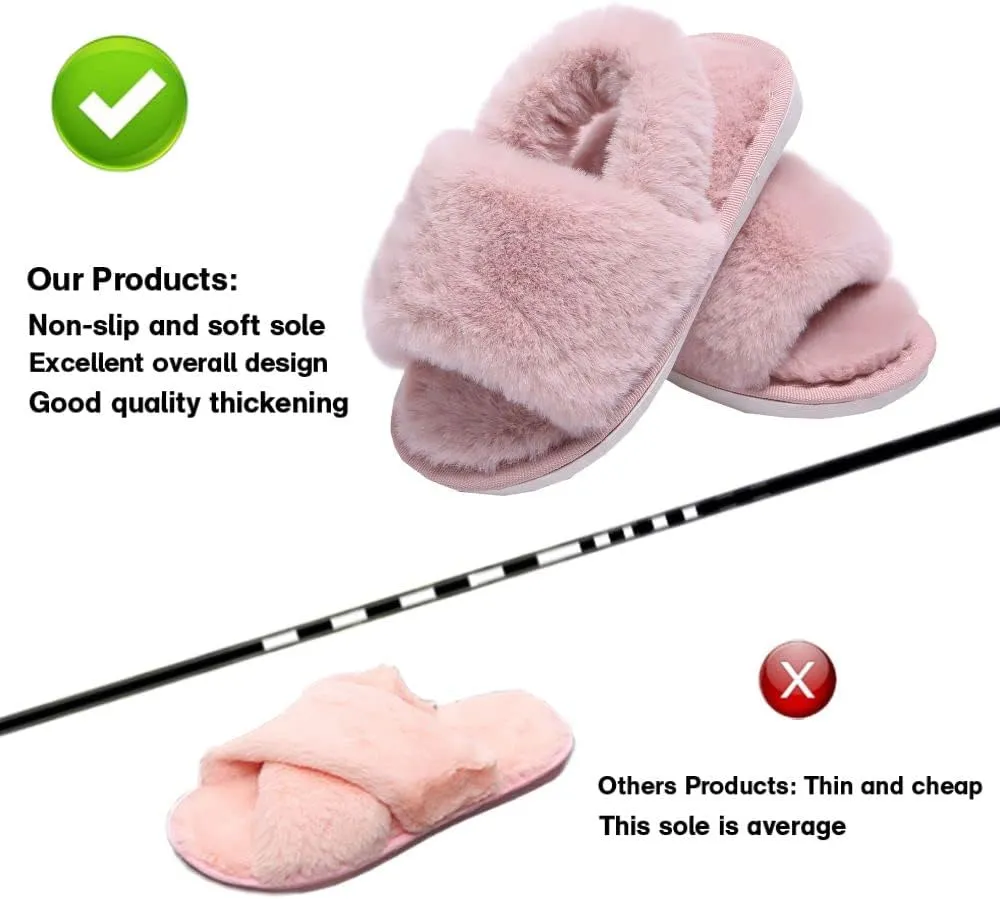 Girl's Fuzzy Fluffy Furry Slippers Cross Band Shoes Slides for Girls Fur Flip Flop Open Toe Slippers