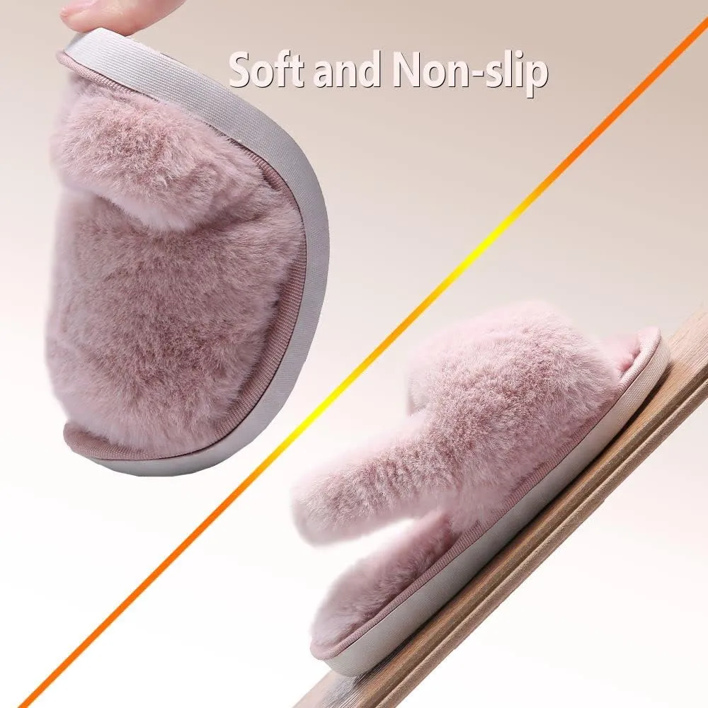 Girl's Fuzzy Fluffy Furry Slippers Cross Band Shoes Slides for Girls Fur Flip Flop Open Toe Slippers