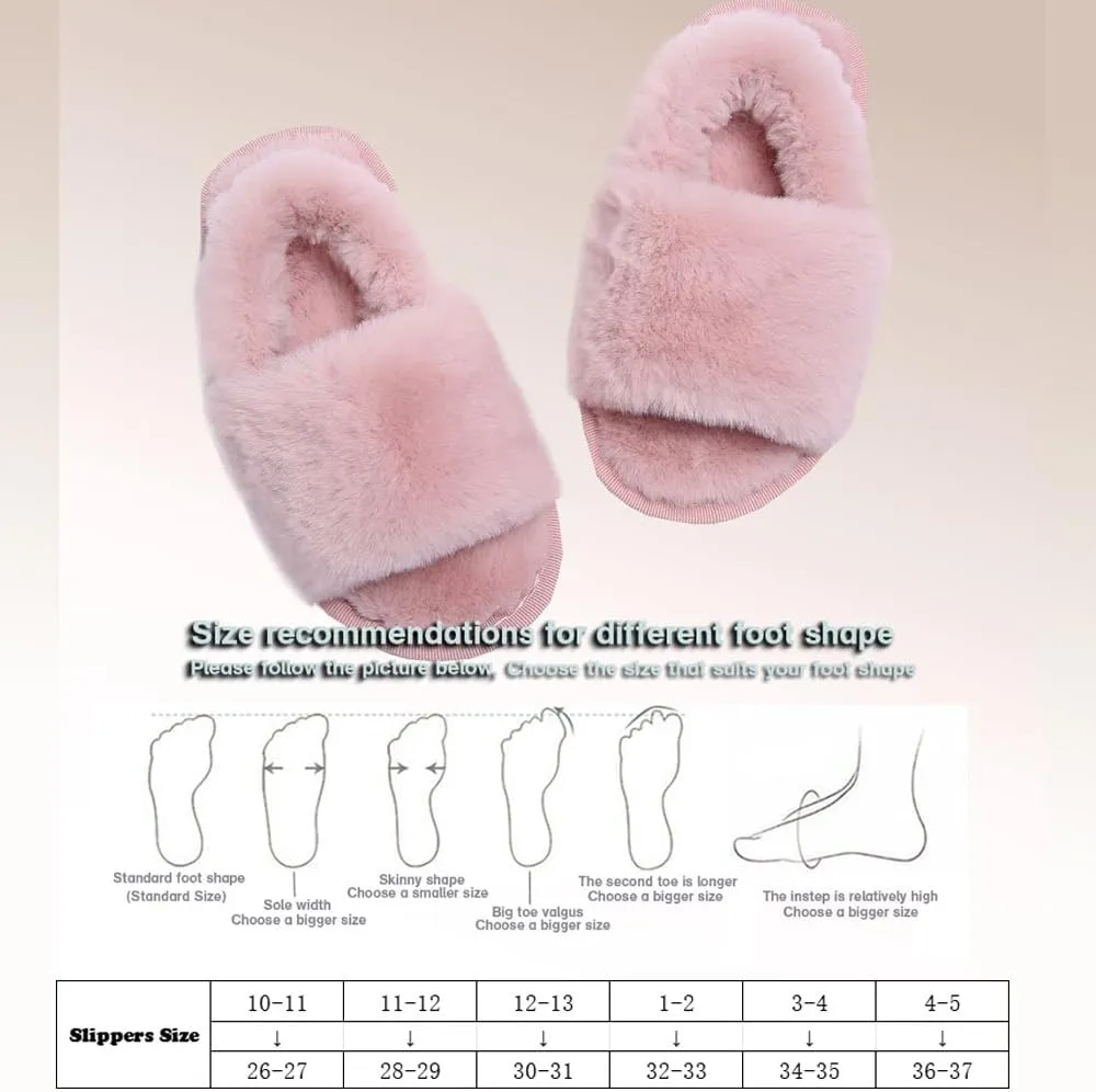 Girl's Fuzzy Fluffy Furry Slippers Cross Band Shoes Slides for Girls Fur Flip Flop Open Toe Slippers