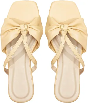 GORGLITTER Women's Bow Knot Square Toe Flat Sandals Open Toe Leather Slide Sandals