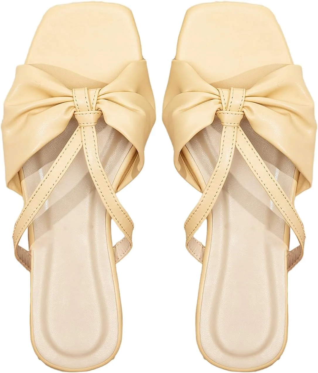 GORGLITTER Women's Bow Knot Square Toe Flat Sandals Open Toe Leather Slide Sandals