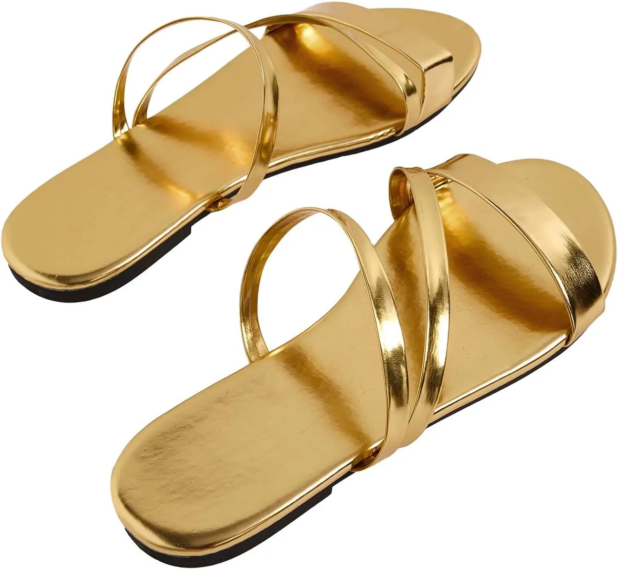 GORGLITTER Women's Metallic Strappy Open Toe Flat Sandal PU Leather Summer Slides Sandals