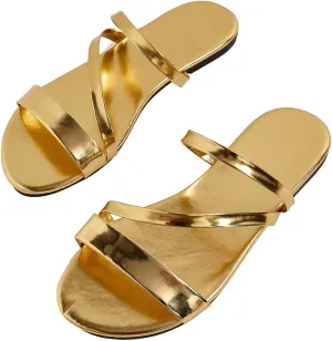 GORGLITTER Women's Metallic Strappy Open Toe Flat Sandal PU Leather Summer Slides Sandals