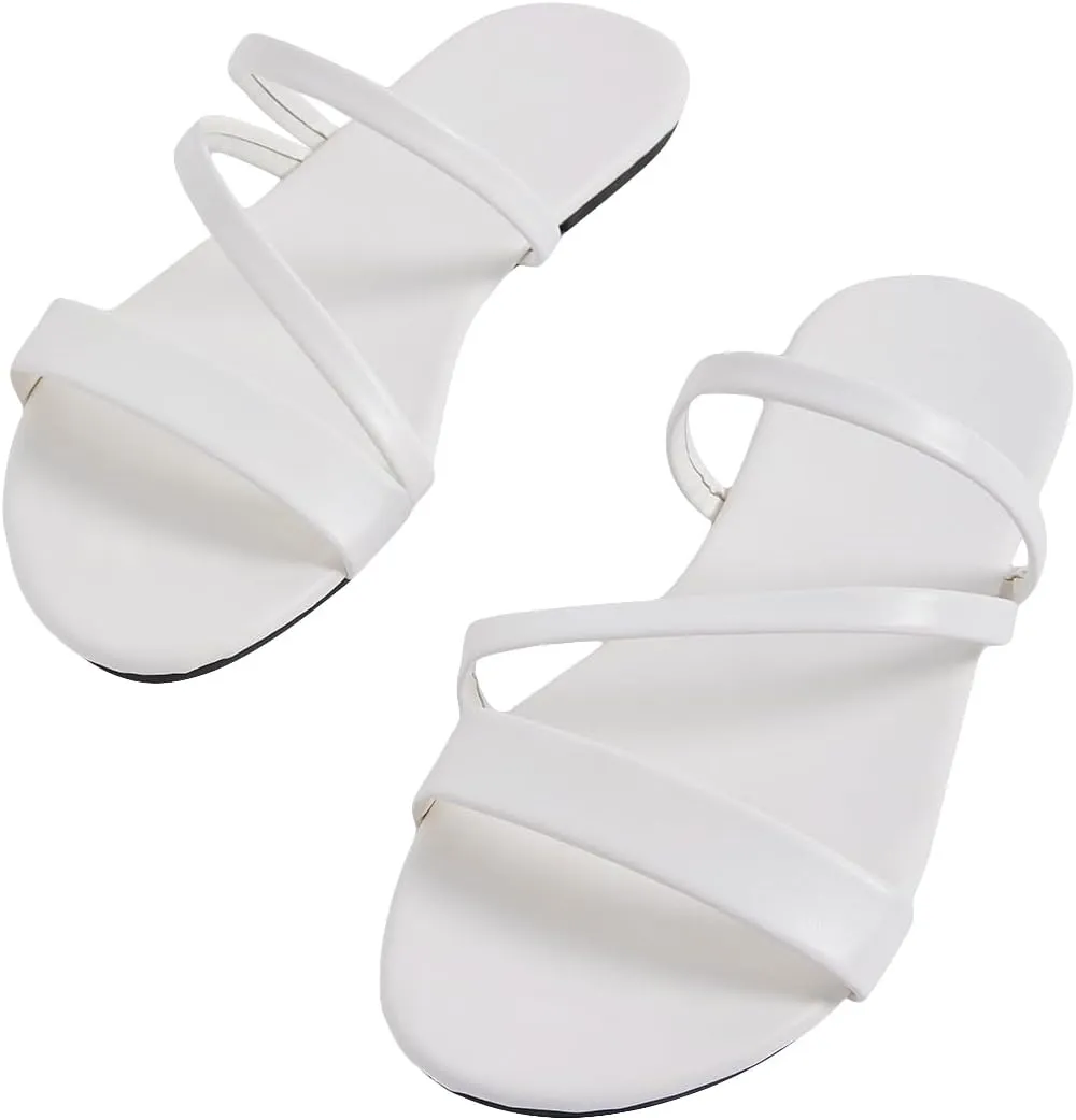 GORGLITTER Women's Metallic Strappy Open Toe Flat Sandal PU Leather Summer Slides Sandals