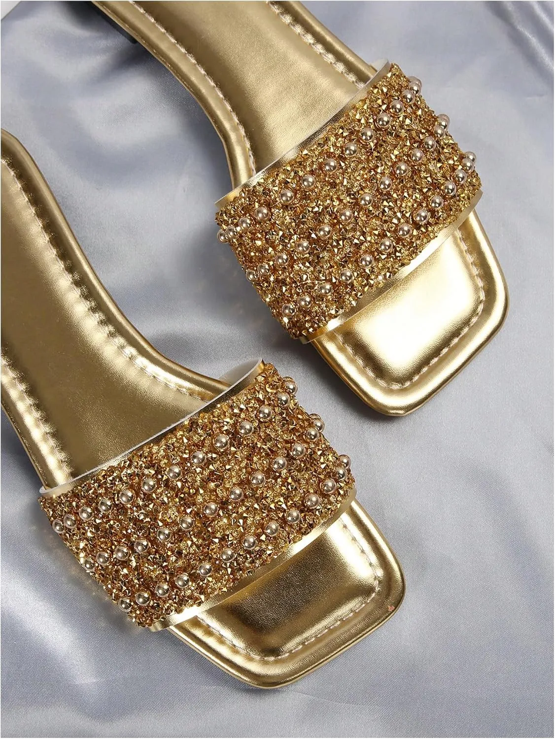 GORGLITTER Women's Pearl Sandals Leather Square Open Toe Slip On Dressy Wedding Flat Sandals