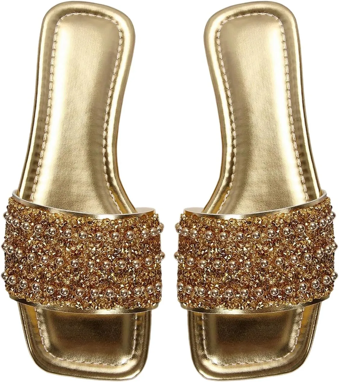 GORGLITTER Women's Pearl Sandals Leather Square Open Toe Slip On Dressy Wedding Flat Sandals