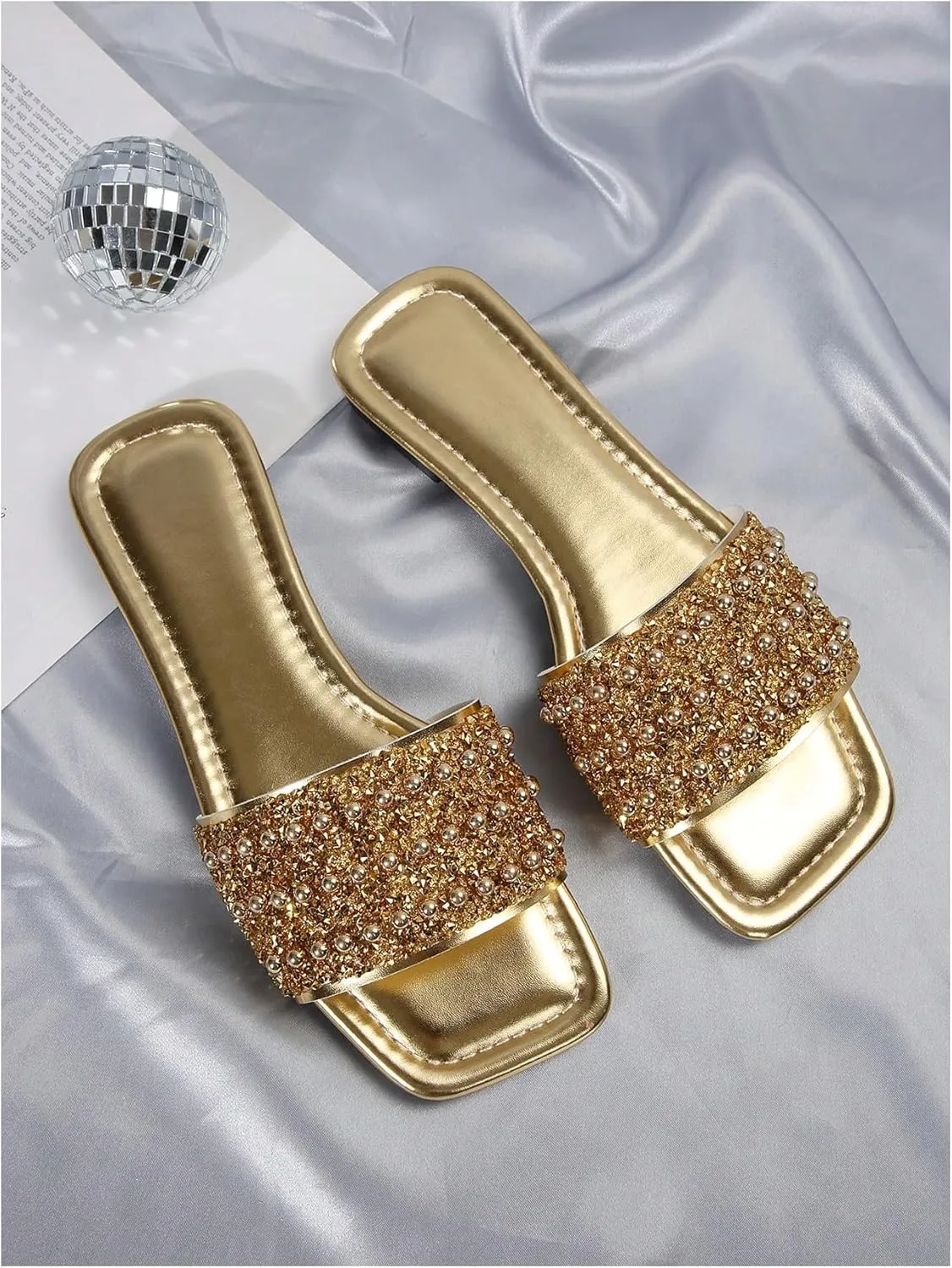 GORGLITTER Women's Pearl Sandals Leather Square Open Toe Slip On Dressy Wedding Flat Sandals