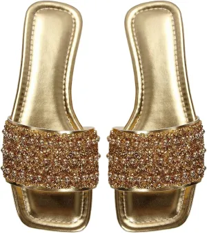 GORGLITTER Women's Pearl Sandals Leather Square Open Toe Slip On Dressy Wedding Flat Sandals